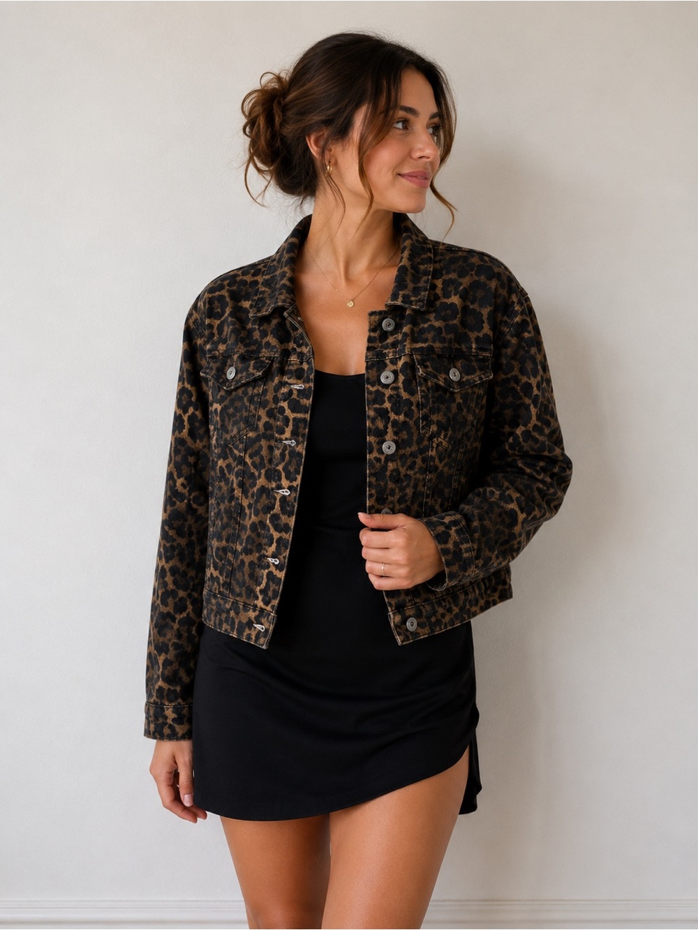 Q2 Leopard Print Jean Jacket - Brown & Black
